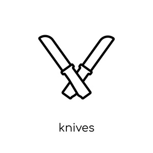 刀具图标。时尚现代平面线性向量刀图标在白色背景从细线厨房汇集, 轮廓向量例证