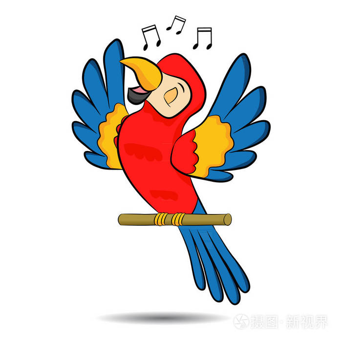 可爱的卡通三色鹦鹉唱在树枝上。向量例证
