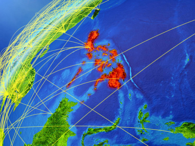 菲律宾在地球模型与国际网络。数字通信和技术的概念。3d 插图。美国宇航局提供的这张图片的元素