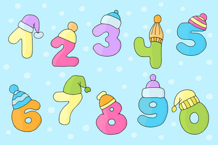 向量滑稽可爱的数字从0到9在温暖的冬天和圣诞节帽子在蓝色背景照片