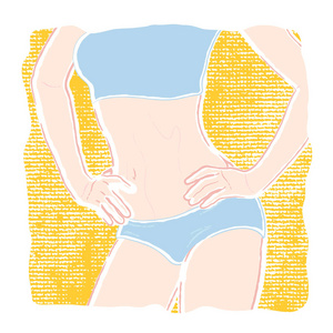 柔和的彩色插图, 一个年轻的健康苗条的女人在内衣内裤和胸罩与手在臀部摆姿势, 而拱形轻微