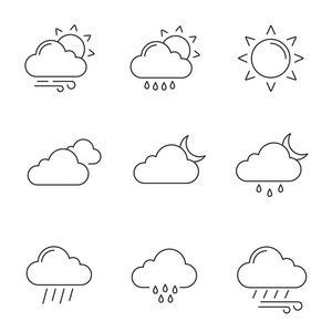 天气预报线性图标设置。部分多云多风的天气, 细雨, 太阳, 云, 夜, 风, 阴天, 雨夜。隔离的矢量大纲插图。可编辑笔画