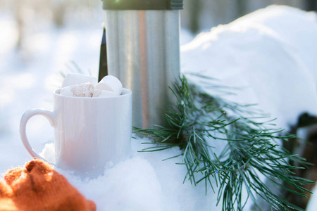 杯加棉花糖和热水瓶在雪中的咖啡