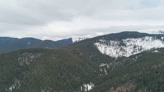 鸟瞰山脉。布克维.喀尔巴阡山脉.雪。冬天。森林。树。一天