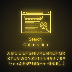 seo 霓虹灯图标。搜索引擎优化。网站排名。seo 营销。网络浏览器。搜索结果。带有字母表数字和符号的发光符号。向量被隔绝的例
