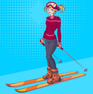 冬季假期。年轻漂亮的女孩上滑雪