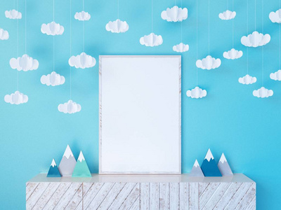 室内墙模拟海报, 纸星, 枕头和蓝色云彩在白色墙壁背景, 3d 渲染, 3d 例证