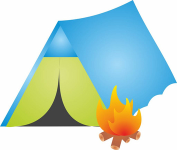 徒步旅行和野营三角帐篷在绿色和蓝色与火火焰图标, 篝火。山营, 旅游营地帐篷。栅格插图在白色背景