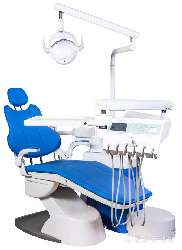 现代医疗专用设备蓝色牙科椅在白色背景下隔离