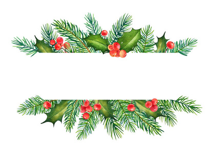 装饰圣诞元素与冬青和松树的水彩分枝