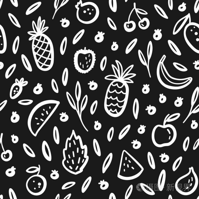 夏季异国情调的水果黑白无缝图案.手绘插图, 包装, 纺织品