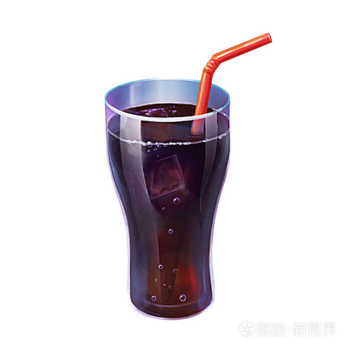 可口可乐色彩丰富的插画冷饮可乐加冰关闭孤立的白色背景上