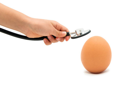 检查健康的蛋，蛋与听诊器与白色背景