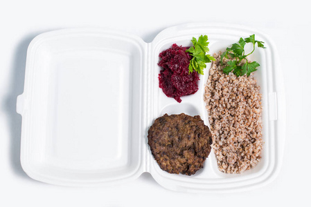 午餐盒设置。一次性塑料饭盒。白色食物盒, 午餐, 快餐, 查出在白色背景