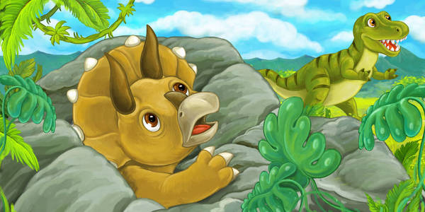 卡通场景与三头龙隐藏在岩石后面从霸王龙例证为孩子