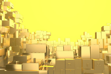 财富丰富概念理念黄金城市日落光线抽象空间背景. 3 d 例证渲染