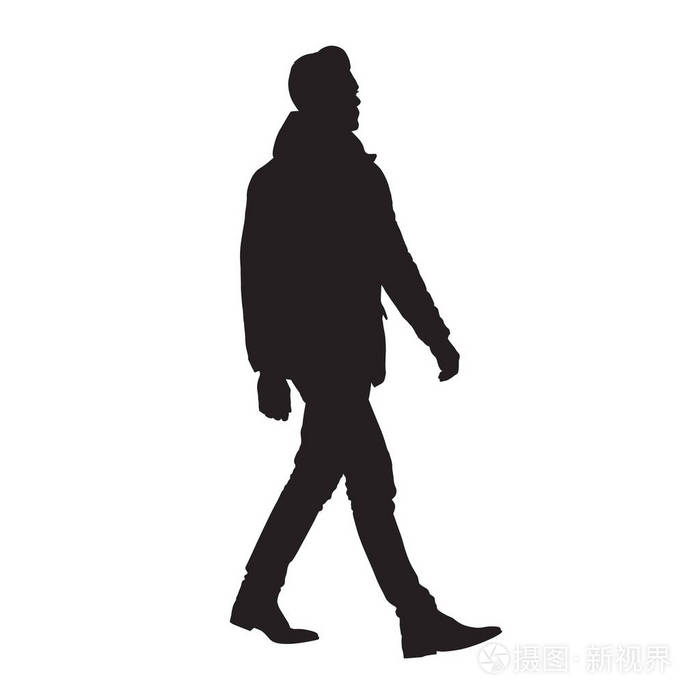 商人走在冬天服装孤立的向量剪影向前走