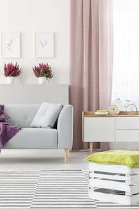 白色客厅的真实照片与沙发与枕头, 新鲜石南花, 墙上的海报, 肮脏的粉红色窗帘和手工板条箱脚凳放置在地毯上
