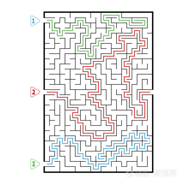 抽象矩形大迷宫.孩子们的游戏.儿童拼图.三个入口, 一个出口.