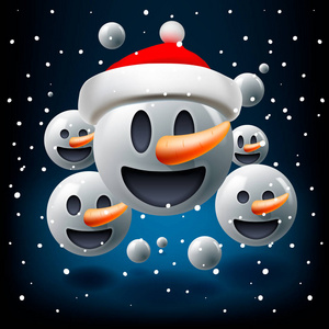 圣诞节概念为人团队合作, 蓝色背景与小组微笑雪人表情符号与圣诞老人的帽子, 表情符号, 向量例证
