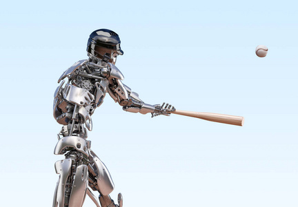 棒球运动员机器人.人类和机器人的整合概念.机器人技术3d 插图摄影图