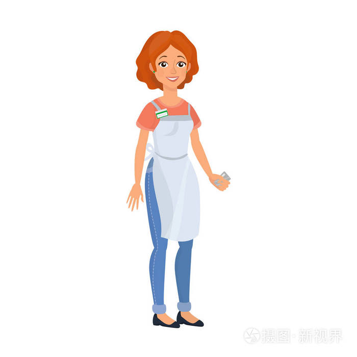 收银员的女人欧洲红头发的女人拿着信用卡, 穿着制服, 徽章和围裙.