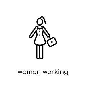 工作的妇女图标。时尚现代平面线性向量妇女工作图标在白色背景从细线女士汇集, 可编辑的概述冲程向量例证