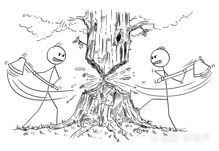 两个伐木工人的漫画与 ax 谁正在削减树从对面的两侧