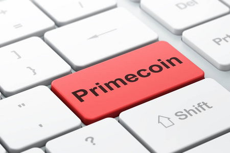 Blockchain 概念 电脑键盘与字 Primecoin, 选择焦点在输入按钮背景, 3d 渲染