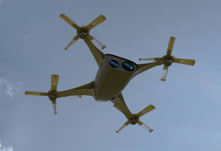 现代相机无人机在飞行中，底部视图的未来派黑色概念云天空 3d 图