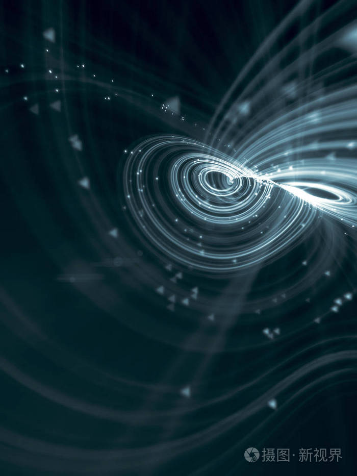 催眠波浪的白色圆环与深色背景上的小珠子.神奇的概念.3d 渲染