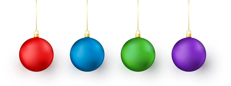 五颜六色的圣诞节和新年玩具在白色背景。红色蓝色绿色和紫色传统节日装饰元素。向量例证