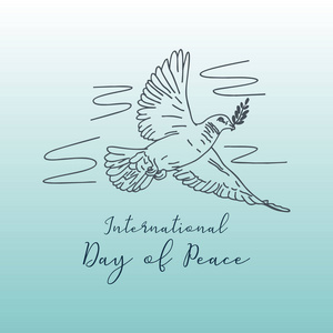 国际和平日。创造性的问候设计与鸽子鸟手绘优雅的复古矢量插图。流行的主题横幅海报设计的网页和印刷