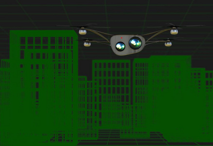 现实直升机与照相机飞越虚拟城市三维图
