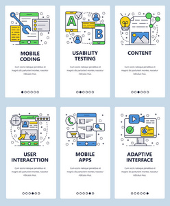 矢量网站线性艺术上板模板。移动应用开发和测试。用户交互可用性和自适应界面。网站和移动应用开发的菜单横幅