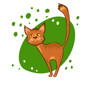 可爱的红色向量猫在绿色背景
