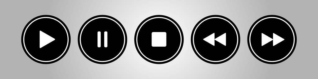 黑色, 白色圆形音乐控制按钮设置在银色背景前的五个图标
