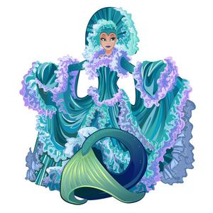 美人鱼与豪华礼服隔离在白色背景。美丽的水下童话般的人物与人体和鱼尾。向量动画片特写例证