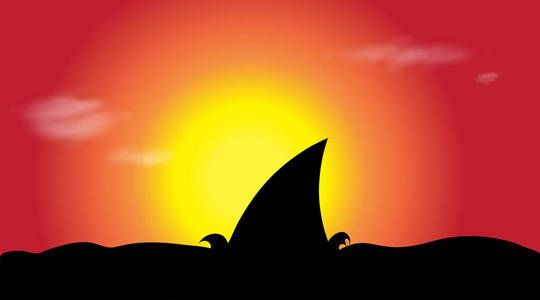 日落时海洋中鲨鱼的向量剪影
