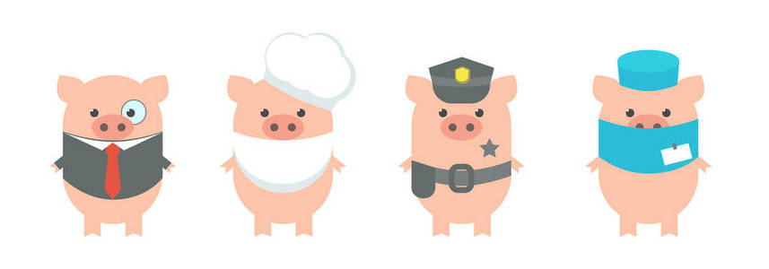 猪组是一种职业。穿制服的猪是厨师警察商人医生。动画片, 向量