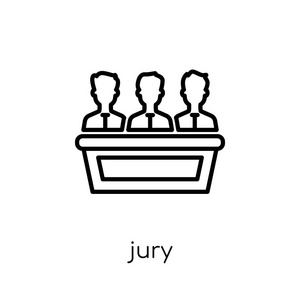 评审团图标。时尚现代平面线性向量陪审团图标在白色背景从细线法律和正义汇集, 可编辑的概述冲程向量例证