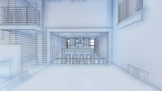 3d 客厅和厨房室内设计的插图。3d 渲染