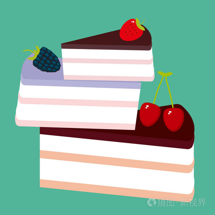 用新鲜浆果粉红色奶油和巧克力糖霜装饰的甜蛋糕, 一块蛋糕, 绿色背景上的柔和颜色。向量例证