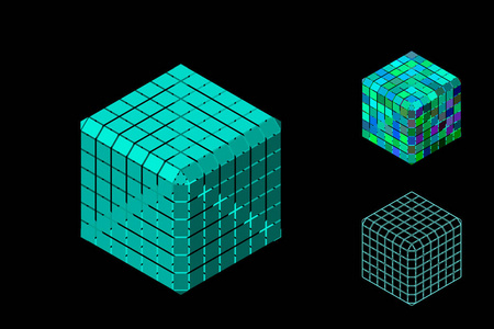 抽象多边形立方体与裁减集合。在黑色背景上被隔离。3d 矢量图。等距投影