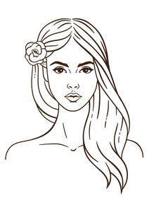 年轻女子和花手绘时尚男模特一个女孩的画像.年轻女人的脸.