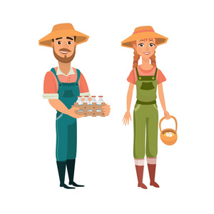 一盒牛奶卡通农民.穿着连身衣,靴子和草帽的快乐男女农场工人.