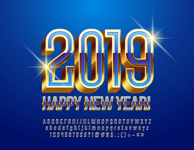 矢量快乐新年2019明亮的贺卡. 3d 苗条字体。别致的蓝色和金色字母