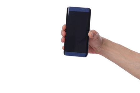 男手拿着手机，手机与空屏幕在白色背景上分离。复制粘贴图像或文本