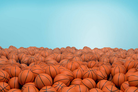 3d 渲染无尽的橙色篮球球与黑色条纹躺在一个蓝色的背景堆
