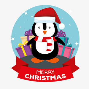 带着帽子和礼物给圣诞快乐的企鹅